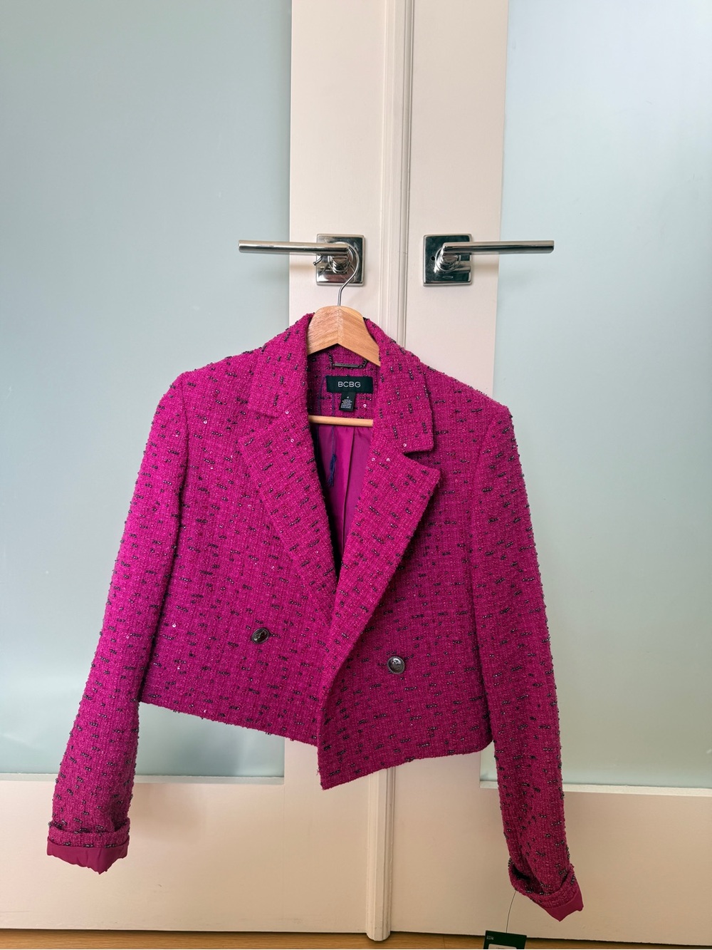 BCBG Fuchsia Tweed Cropped Double-Breasted Jacket